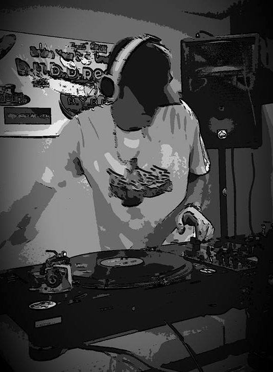 Black and white sketch-style photo of DJ Natural Nate® on the turntables